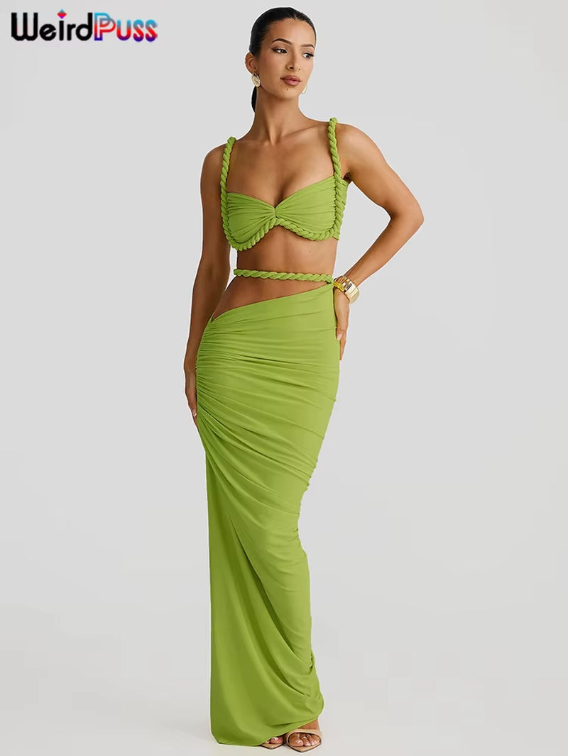 Square Collar 2 Piece Set Women Bra+Skinny Long Skirts Bandage Ruched 2025 Summer Vacation Beach Party Trend Suits
