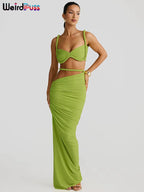 Square Collar 2 Piece Set Women Bra+Skinny Long Skirts Bandage Ruched 2025 Summer Vacation Beach Party Trend Suits