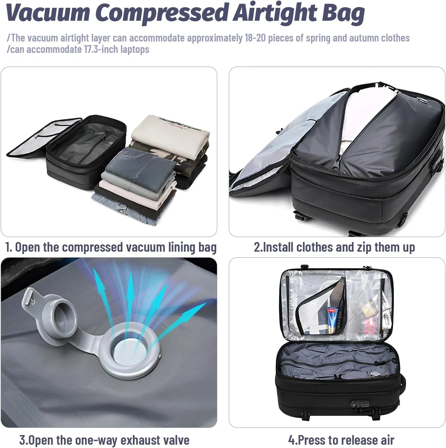 Airpack Expandable Backpack Vacuum with Pump, Anti-Theft Lock, and Compression Bag, Vacpack for Men and Women