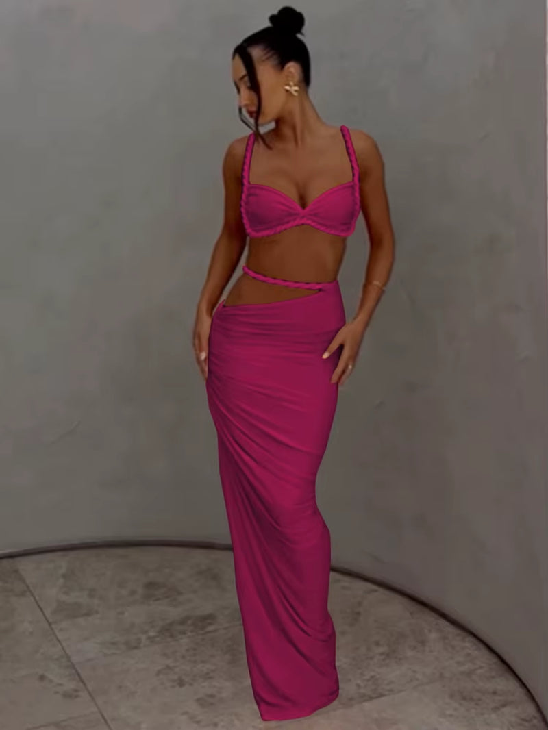 Square Collar 2 Piece Set Women Bra+Skinny Long Skirts Bandage Ruched 2025 Summer Vacation Beach Party Trend Suits