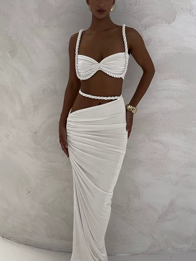 Square Collar 2 Piece Set Women Bra+Skinny Long Skirts Bandage Ruched 2025 Summer Vacation Beach Party Trend Suits