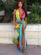 Colorful Leopard Women 2 Piece Set Y2K Beach Vacation Halter Tank Tops+Wrapped Maxi Skirts Matching Vacation Clubwear