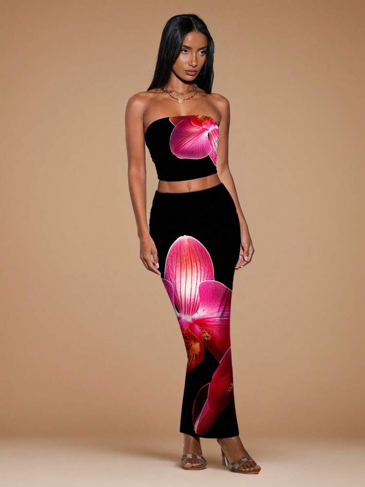 Women Vintage Fairy Floral 2 Piece Long Skirt Sets Strapless Crop Tube Top Bodycon Maxi Skirt Y2K Two Piece Outfit Beach Wear