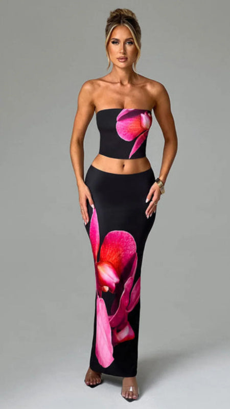 Women Vintage Fairy Floral 2 Piece Long Skirt Sets Strapless Crop Tube Top Bodycon Maxi Skirt Y2K Two Piece Outfit Beach Wear