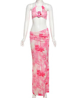 Fashion Patchwork 2 Piece Set Women Pearls Necklace Halter Applique Crop Tops+Skinny Skirts Vacation Beach Style Suit