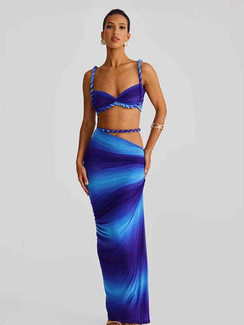 Square Collar 2 Piece Set Women Bra+Skinny Long Skirts Bandage Ruched 2025 Summer Vacation Beach Party Trend Suits