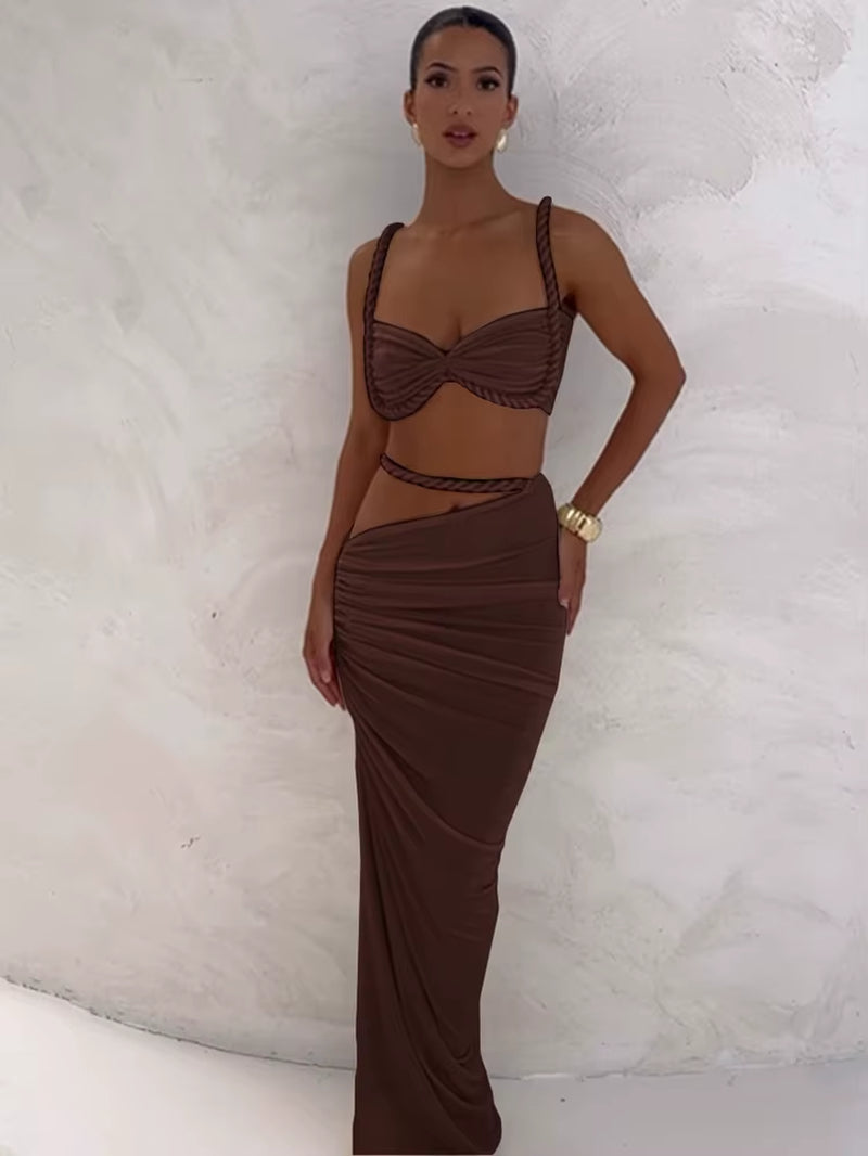 Square Collar 2 Piece Set Women Bra+Skinny Long Skirts Bandage Ruched 2025 Summer Vacation Beach Party Trend Suits