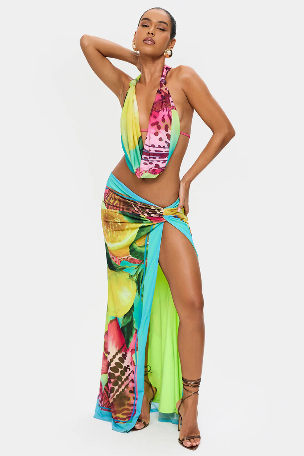 Colorful Leopard Women 2 Piece Set Y2K Beach Vacation Halter Tank Tops+Wrapped Maxi Skirts Matching Vacation Clubwear