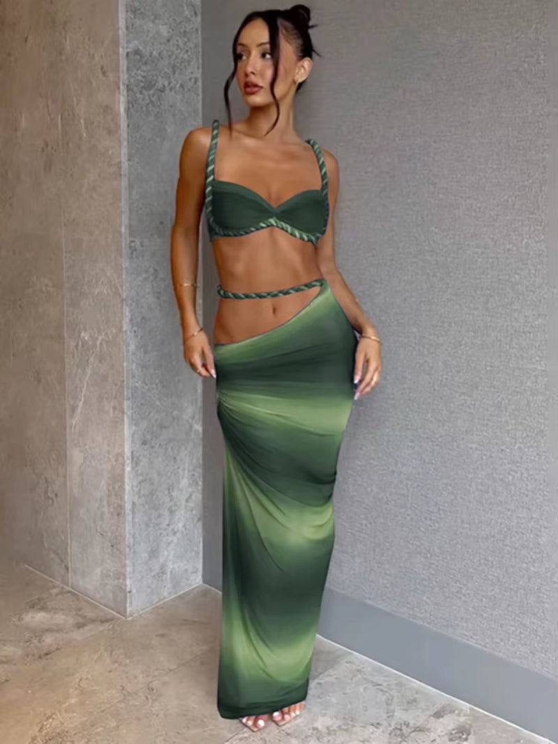 Square Collar 2 Piece Set Women Bra+Skinny Long Skirts Bandage Ruched 2025 Summer Vacation Beach Party Trend Suits