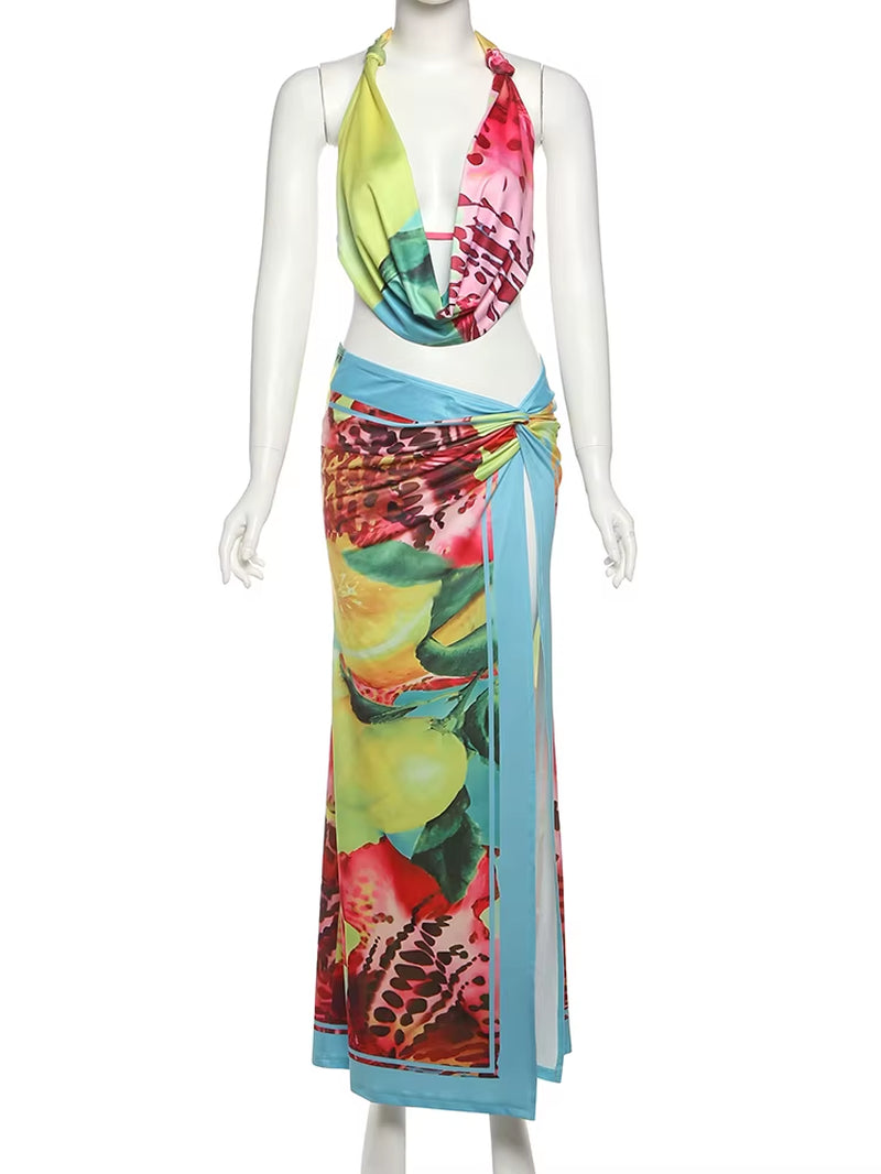 Colorful Leopard Women 2 Piece Set Y2K Beach Vacation Halter Tank Tops+Wrapped Maxi Skirts Matching Vacation Clubwear
