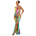 Colorful Leopard Women 2 Piece Set Y2K Beach Vacation Halter Tank Tops+Wrapped Maxi Skirts Matching Vacation Clubwear