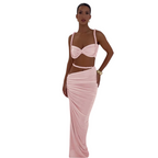 Square Collar 2 Piece Set Women Bra+Skinny Long Skirts Bandage Ruched 2025 Summer Vacation Beach Party Trend Suits