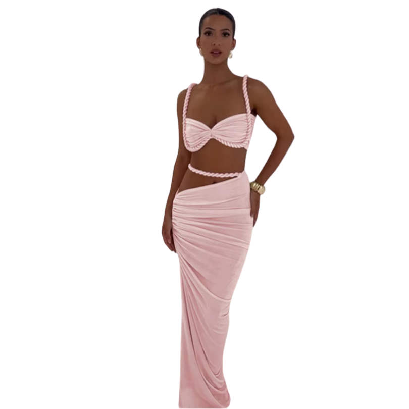 Square Collar 2 Piece Set Women Bra+Skinny Long Skirts Bandage Ruched 2025 Summer Vacation Beach Party Trend Suits