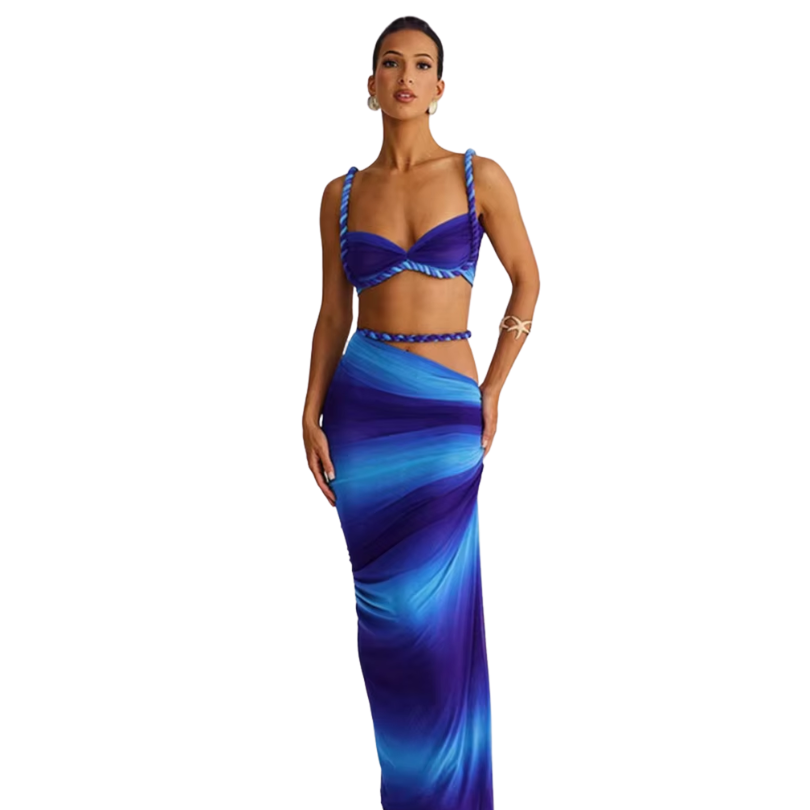 Square Collar 2 Piece Set Women Bra+Skinny Long Skirts Bandage Ruched 2025 Summer Vacation Beach Party Trend Suits