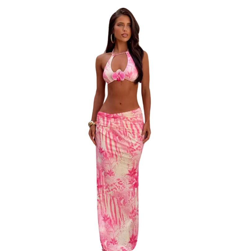 Fashion Patchwork 2 Piece Set Women Pearls Necklace Halter Applique Crop Tops+Skinny Skirts Vacation Beach Style Suit