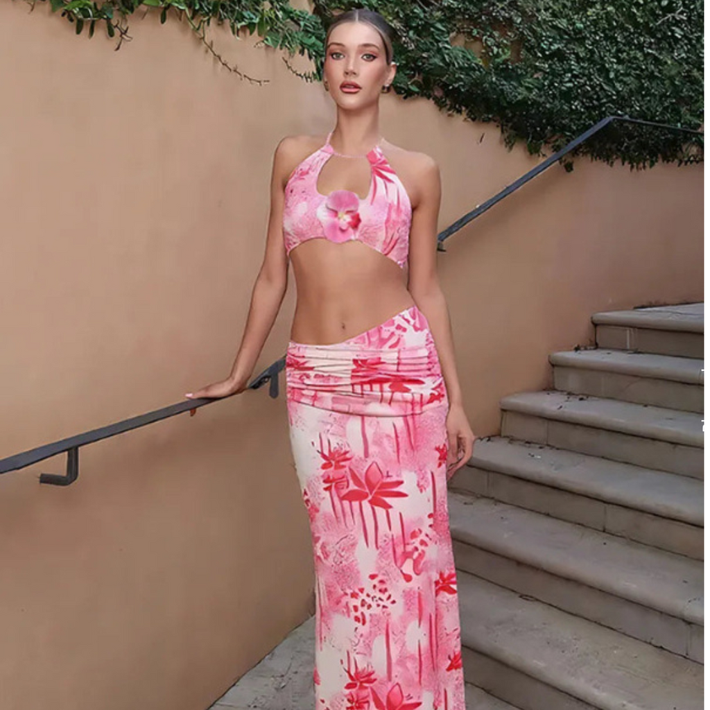 Fashion Patchwork 2 Piece Set Women Pearls Necklace Halter Applique Crop Tops+Skinny Skirts Vacation Beach Style Suit