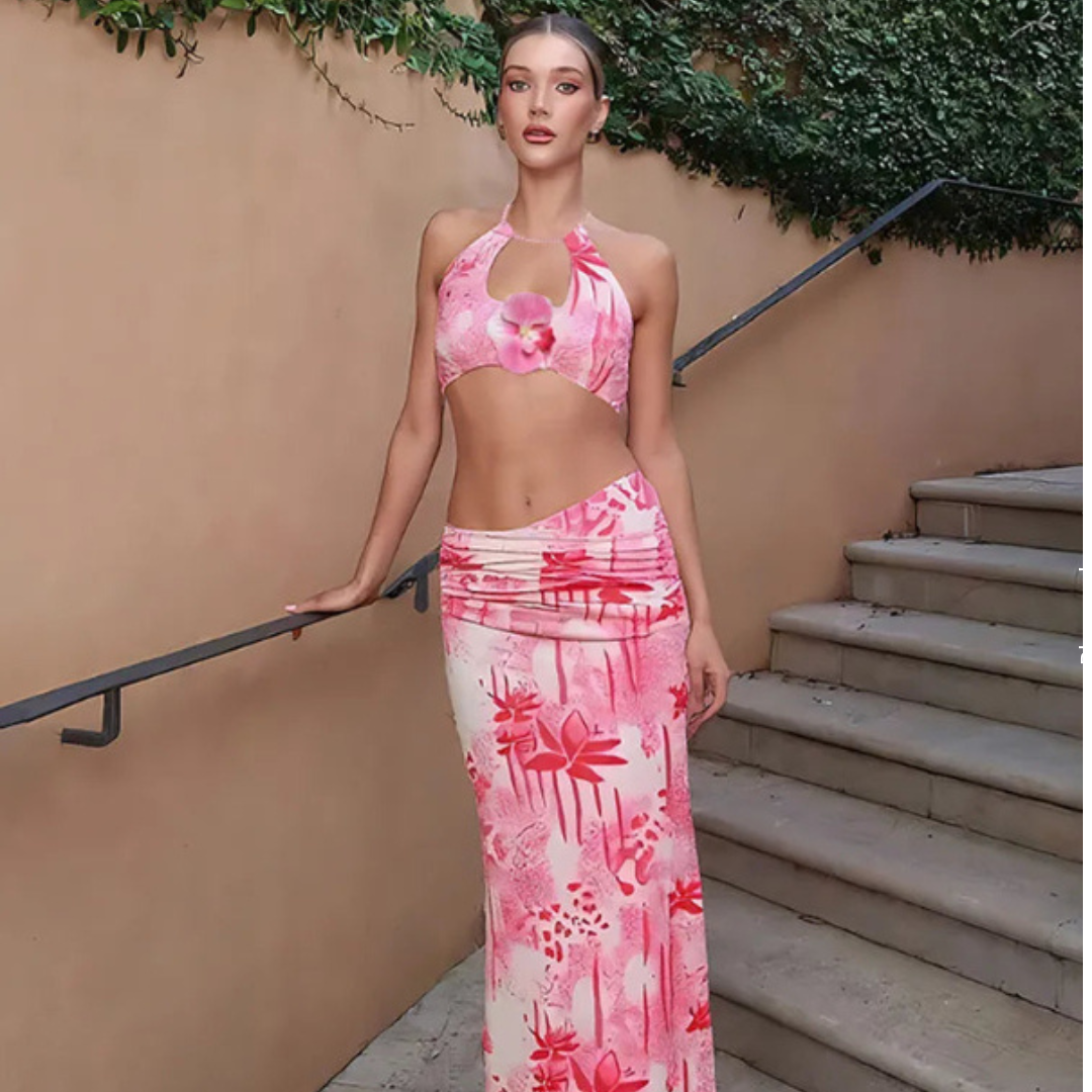 Fashion Patchwork 2 Piece Set Women Pearls Necklace Halter Applique Crop Tops+Skinny Skirts Vacation Beach Style Suit