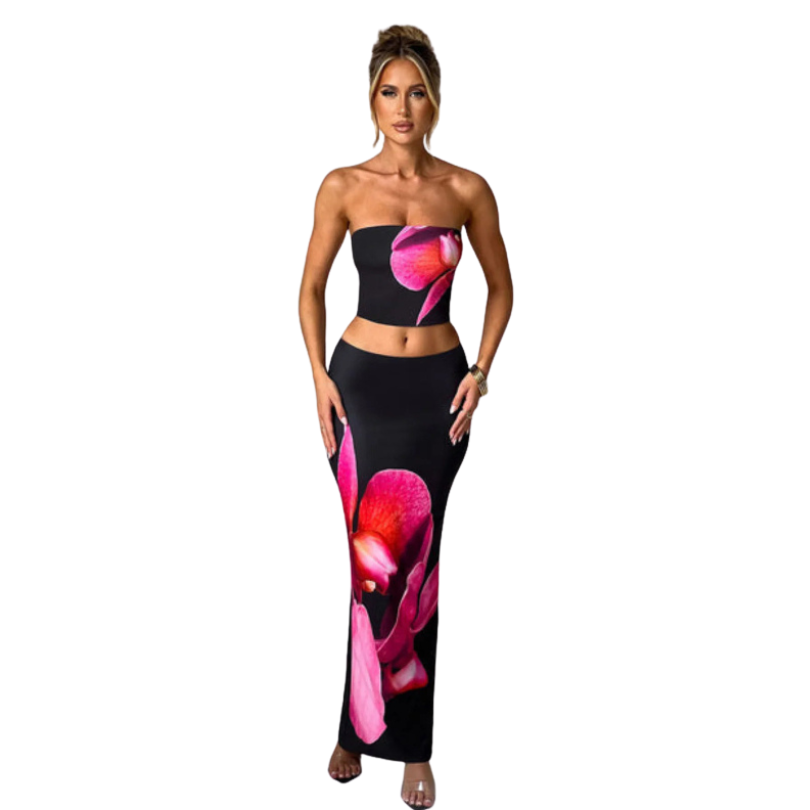Women Vintage Fairy Floral 2 Piece Long Skirt Sets Strapless Crop Tube Top Bodycon Maxi Skirt Y2K Two Piece Outfit Beach Wear