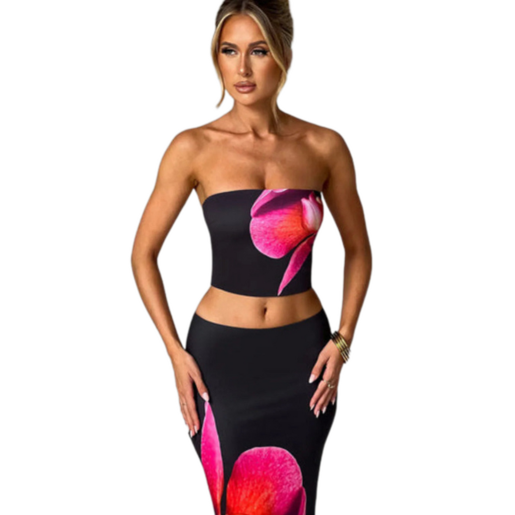 Women Vintage Fairy Floral 2 Piece Long Skirt Sets Strapless Crop Tube Top Bodycon Maxi Skirt Y2K Two Piece Outfit Beach Wear