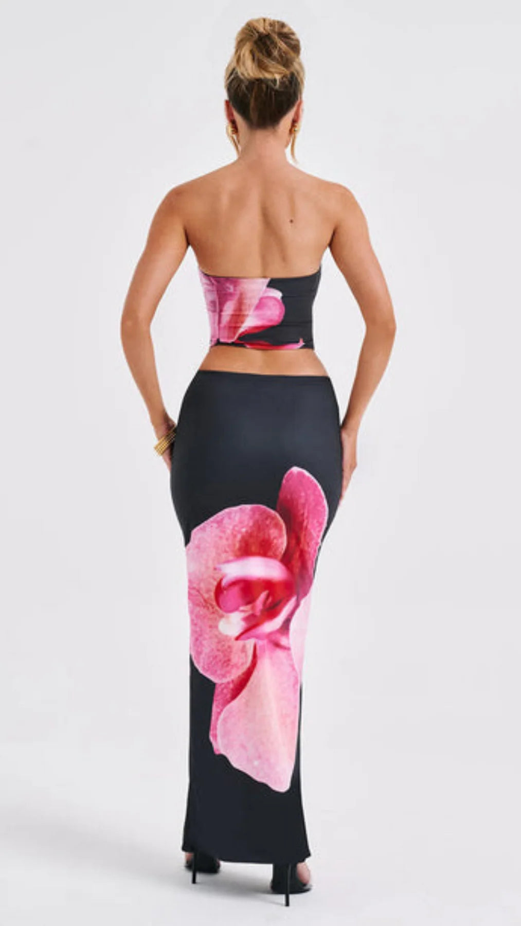 Women Vintage Fairy Floral 2 Piece Long Skirt Sets Strapless Crop Tube Top Bodycon Maxi Skirt Y2K Two Piece Outfit Beach Wear