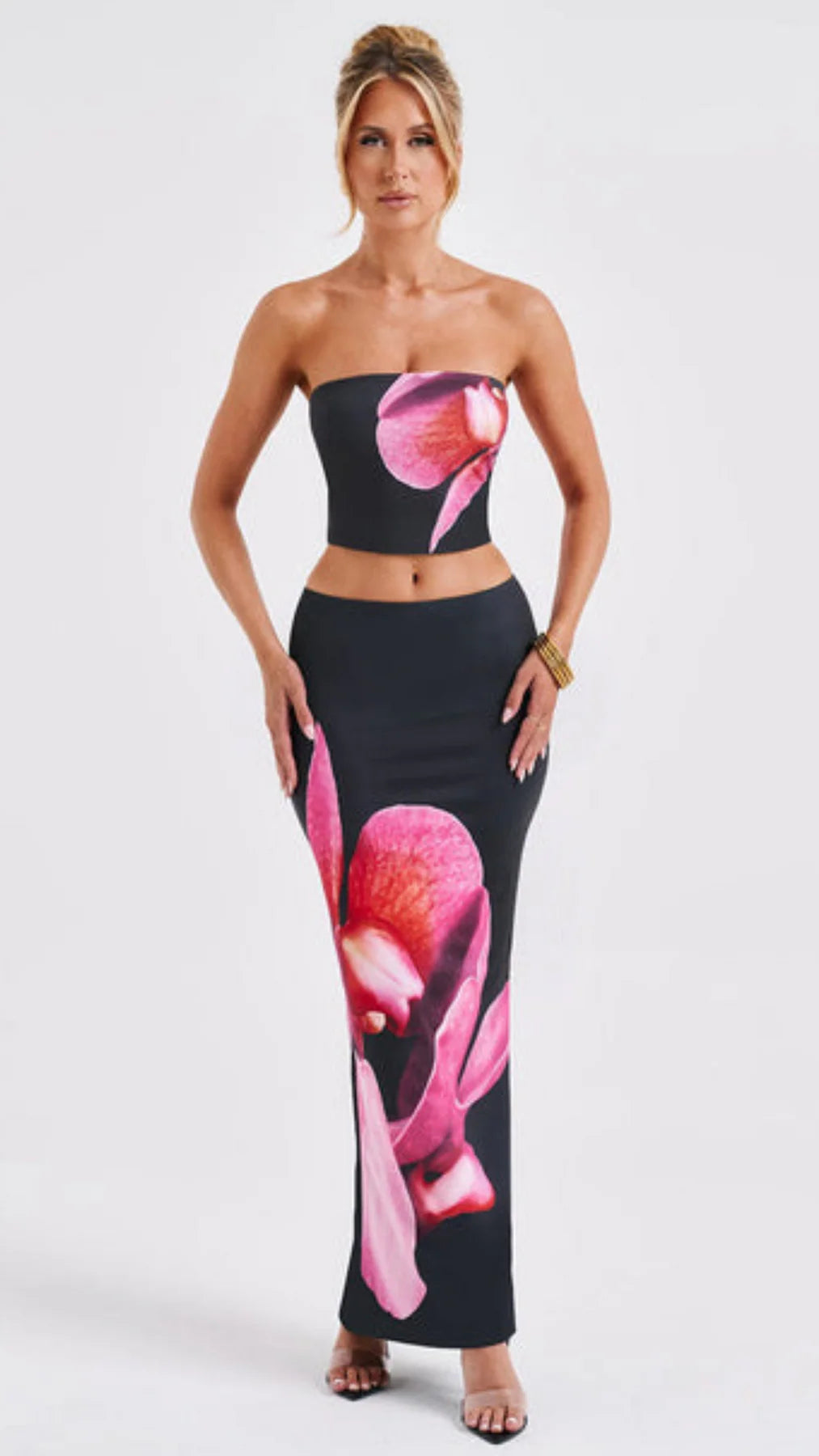 Women Vintage Fairy Floral 2 Piece Long Skirt Sets Strapless Crop Tube Top Bodycon Maxi Skirt Y2K Two Piece Outfit Beach Wear