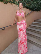 Fashion Patchwork 2 Piece Set Women Pearls Necklace Halter Applique Crop Tops+Skinny Skirts Vacation Beach Style Suit