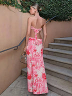 Fashion Patchwork 2 Piece Set Women Pearls Necklace Halter Applique Crop Tops+Skinny Skirts Vacation Beach Style Suit