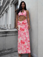 Fashion Patchwork 2 Piece Set Women Pearls Necklace Halter Applique Crop Tops+Skinny Skirts Vacation Beach Style Suit