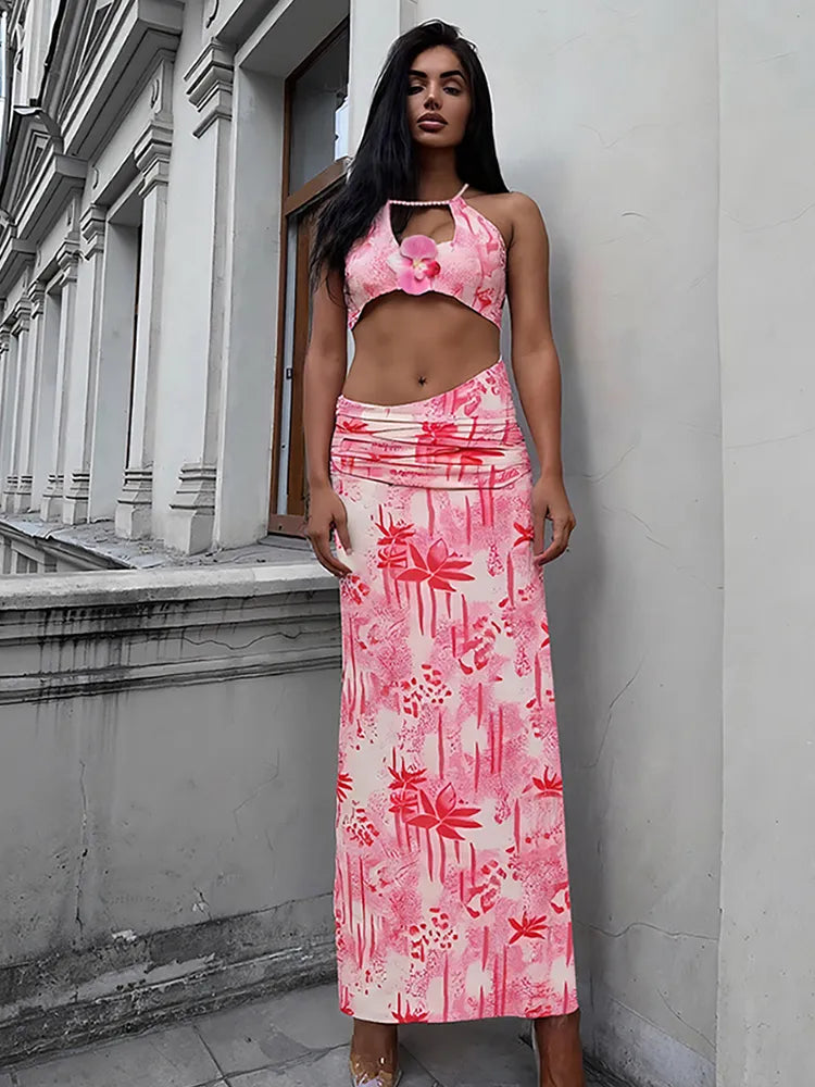 Fashion Patchwork 2 Piece Set Women Pearls Necklace Halter Applique Crop Tops+Skinny Skirts Vacation Beach Style Suit
