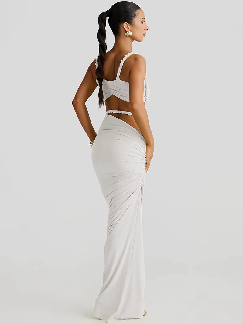 Square Collar 2 Piece Set Women Bra+Skinny Long Skirts Bandage Ruched 2025 Summer Vacation Beach Party Trend Suits