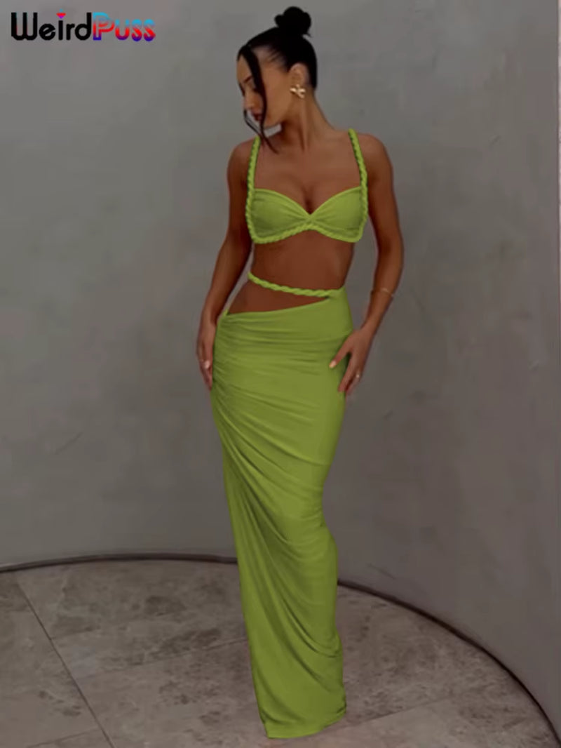 Square Collar 2 Piece Set Women Bra+Skinny Long Skirts Bandage Ruched 2025 Summer Vacation Beach Party Trend Suits