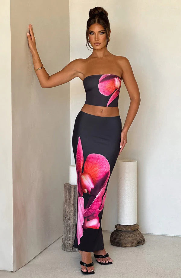 Women Vintage Fairy Floral 2 Piece Long Skirt Sets Strapless Crop Tube Top Bodycon Maxi Skirt Y2K Two Piece Outfit Beach Wear