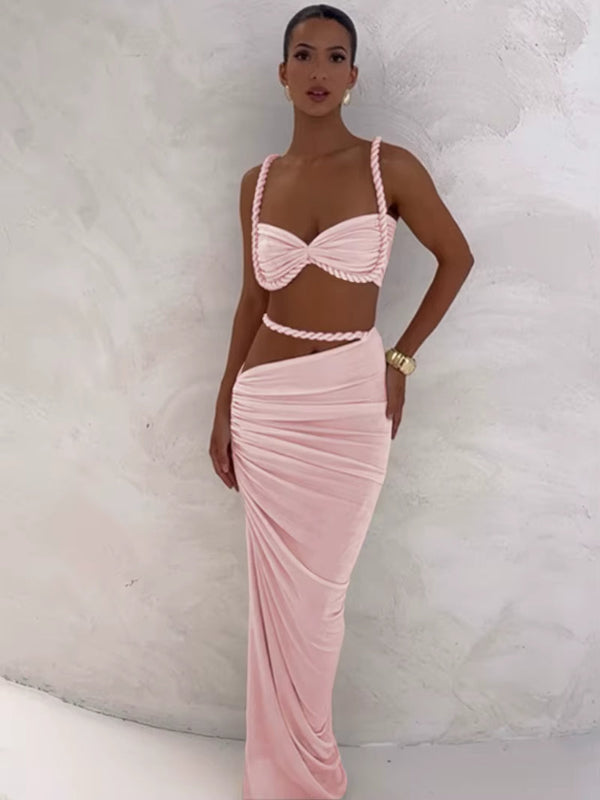 Square Collar 2 Piece Set Women Bra+Skinny Long Skirts Bandage Ruched 2025 Summer Vacation Beach Party Trend Suits