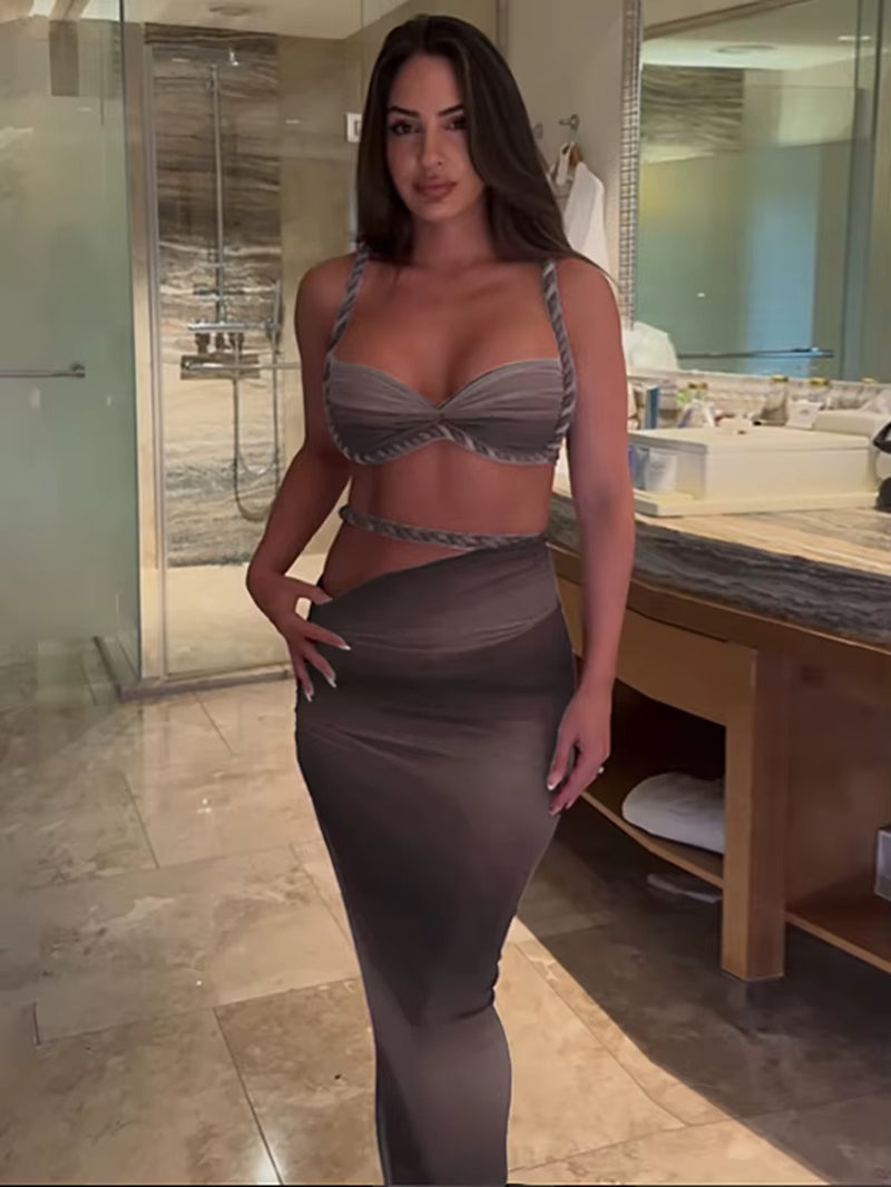 Square Collar 2 Piece Set Women Bra+Skinny Long Skirts Bandage Ruched 2025 Summer Vacation Beach Party Trend Suits