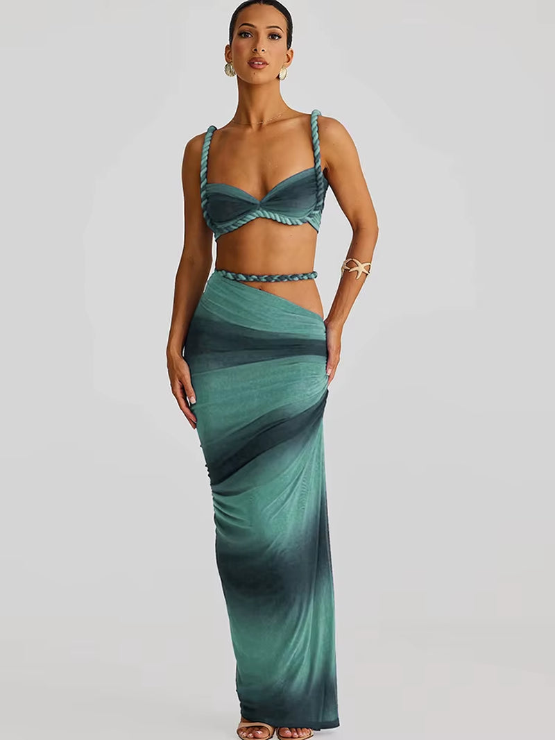 Square Collar 2 Piece Set Women Bra+Skinny Long Skirts Bandage Ruched 2025 Summer Vacation Beach Party Trend Suits