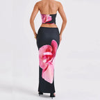 Women Vintage Fairy Floral 2 Piece Long Skirt Sets Strapless Crop Tube Top Bodycon Maxi Skirt Y2K Two Piece Outfit Beach Wear