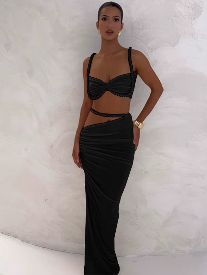 Square Collar 2 Piece Set Women Bra+Skinny Long Skirts Bandage Ruched 2025 Summer Vacation Beach Party Trend Suits