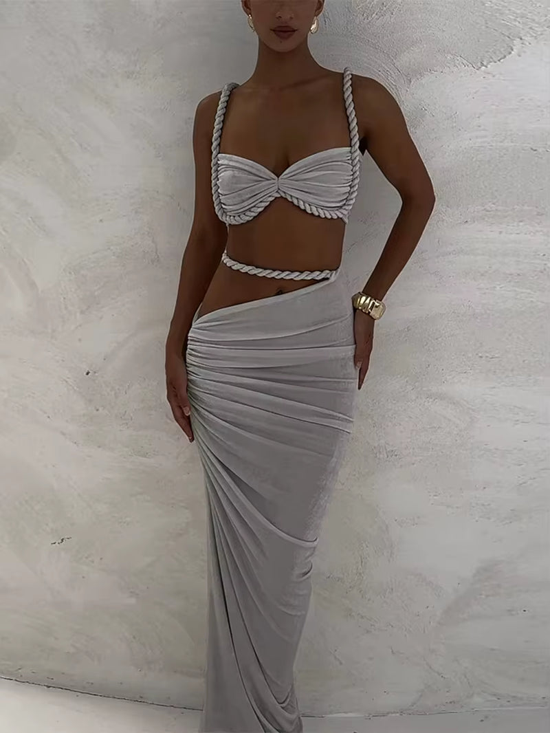 Square Collar 2 Piece Set Women Bra+Skinny Long Skirts Bandage Ruched 2025 Summer Vacation Beach Party Trend Suits