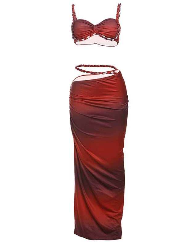 Square Collar 2 Piece Set Women Bra+Skinny Long Skirts Bandage Ruched 2025 Summer Vacation Beach Party Trend Suits