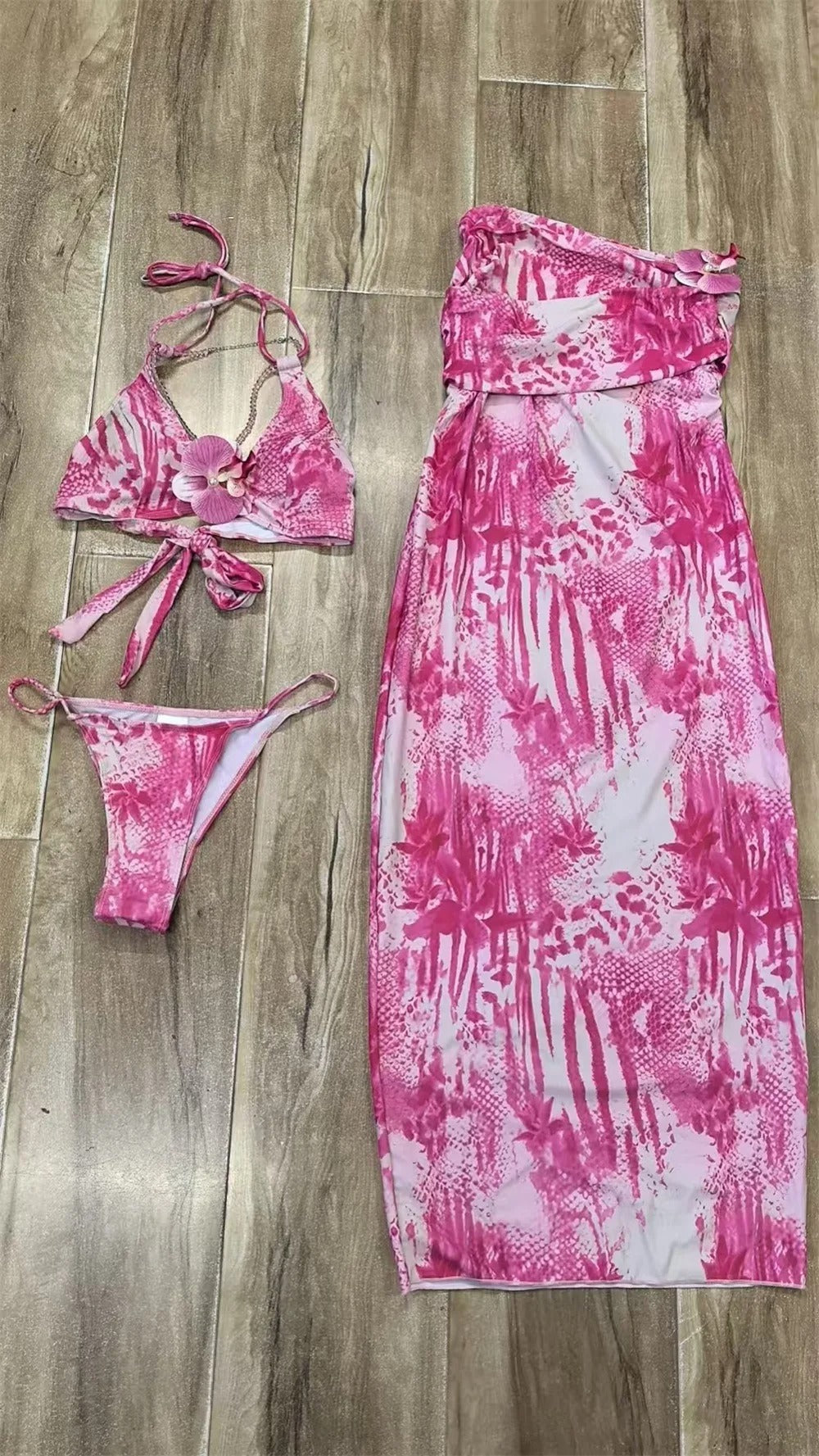 Fashion Patchwork 2 Piece Set Women Pearls Necklace Halter Applique Crop Tops+Skinny Skirts Vacation Beach Style Suit
