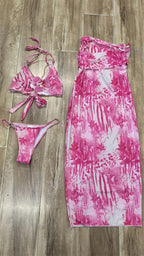 Fashion Patchwork 2 Piece Set Women Pearls Necklace Halter Applique Crop Tops+Skinny Skirts Vacation Beach Style Suit